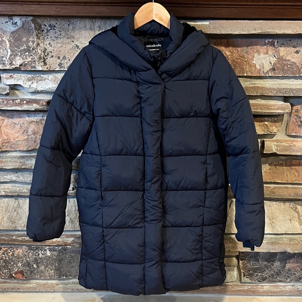Rokka & Rolla Knee-Length Black Hooded Puffer Coat